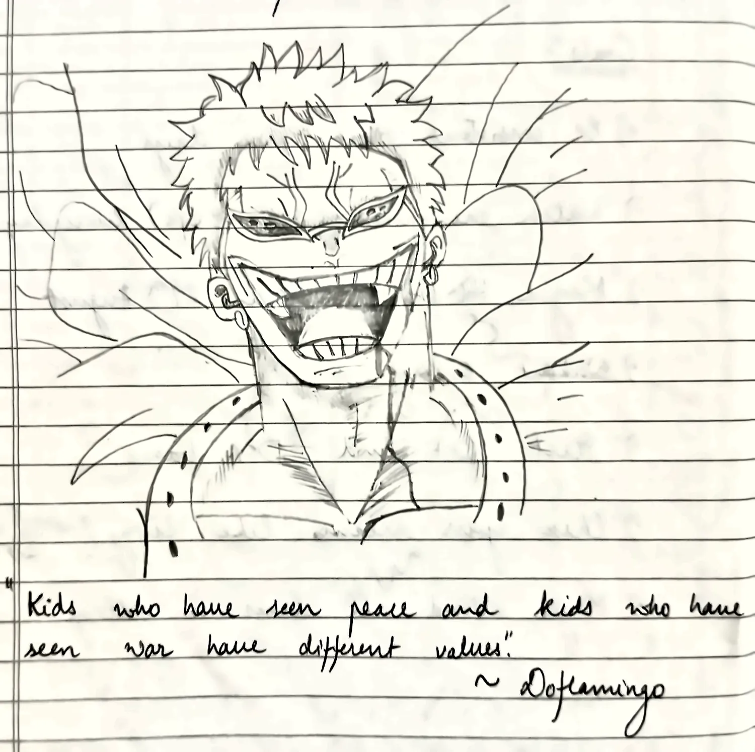 my pencil drawing of Doflamingo, with his line about peace and war