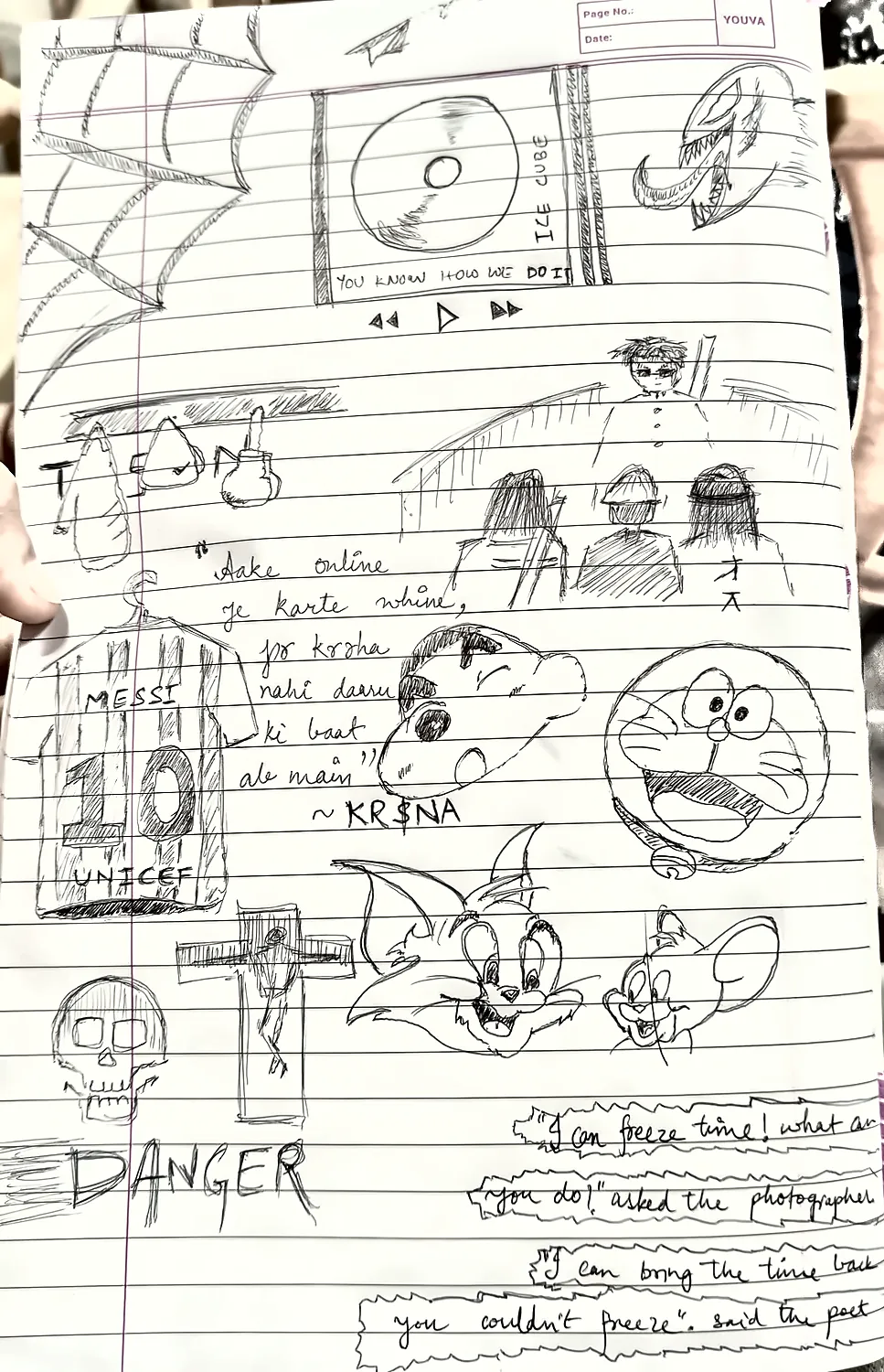 a notebook page full of doodles