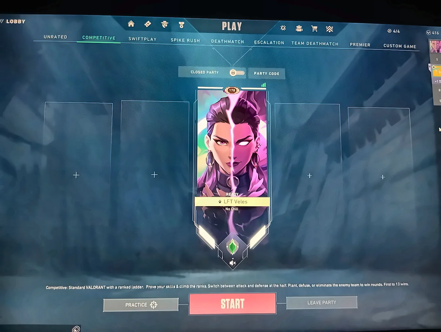 the Valorant lobby, queued up for competitive